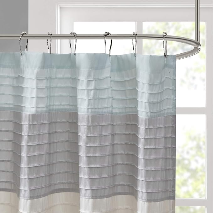 Madison Park Amherst Bathroom Shower Curtain Faux Silk Pieced Striped Modern Microfiber Bath Curtains, 72x72 Inches, Aqua (Pack of 4)