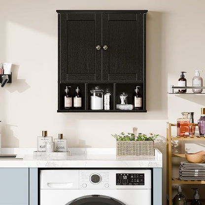 Bathroom Wall Cabinet, Bathroom Cabinet Wall Mount with 2 Doors and 3 Open Shelves, Over the Toilet Wood Medicine Cabinets for Laundry Room, Black