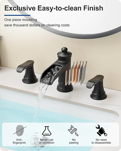 4-16 Inch Widespread Black Bathroom Faucet 3 Hole, Brass Waterfall Bathroom Sink Faucet 2 Handles with Pop-up Drain & cUPC Water Hoses for Vanity, Farmhouse, Lavatory