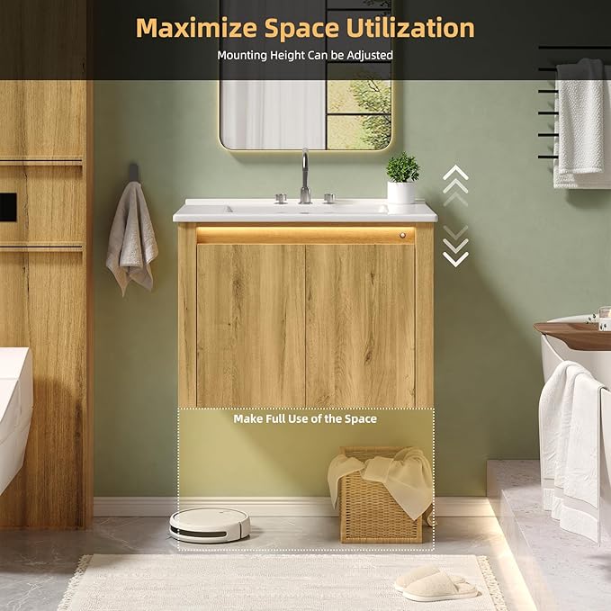 ONBRILL Farmhouse Bathroom Vanity, Floating Bathroom Vanities with Auto Motion Sensor LED Light, 3 Hole Integrated Ceramic Basin & Soft Closing Doors for Small Space, Hotel (24",Oak)