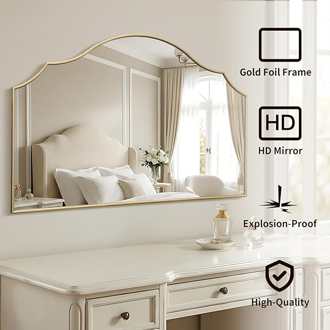 Besdomus Gold Scalloped Wall Mirror: 54"x34" Oversized Wooden Arched Mirror | Modern Minimalist Decorative Mirror for Fireplace/Bathroom/Bedroom/Entryway/Living Room/Dining Room/Vanity/Dresser/Over Sink
