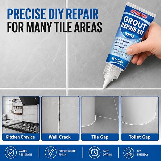 Tile Grout Repair Kit, 2 Pack Fast Drying Grout Sealer Tube | Easy DIY to Restore and Renew Tile Joints for Bathroom Shower Kitchen, Waterproof Tile Grout Paint(White), with Tools
