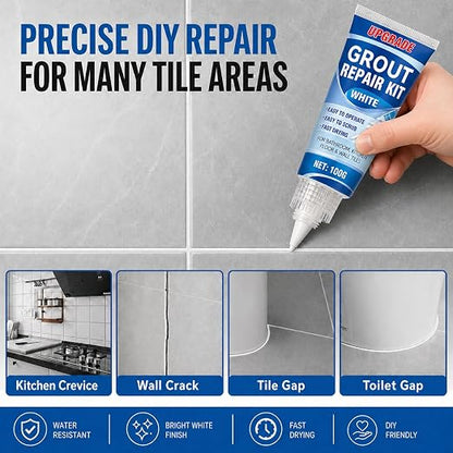 Tile Grout Repair Kit, 2 Pack Fast Drying Grout Sealer Tube | Easy DIY to Restore and Renew Tile Joints for Bathroom Shower Kitchen, Waterproof Tile Grout Paint(White), with Tools