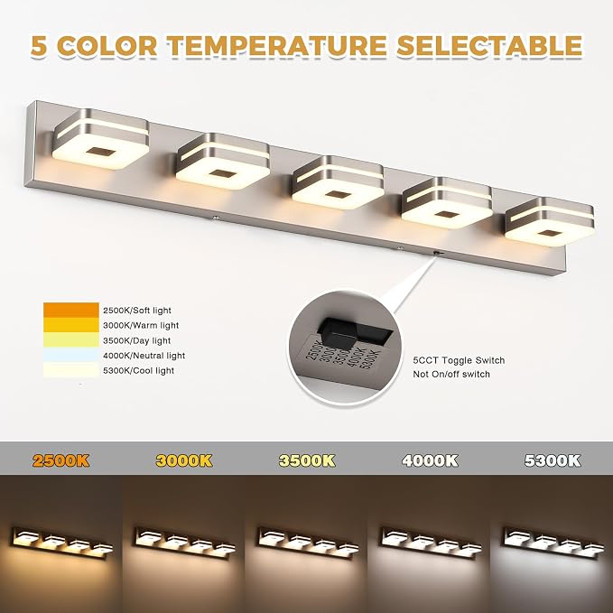 Modern Bathroom Vanity Light Fixture, 5CCT Dimmable LED Wall Sconce, 34" Brushed Nickel Over Mirror Light, 5-Light Acrylic Vanity Lights for Bathroom, Indoor Restroom Lighting