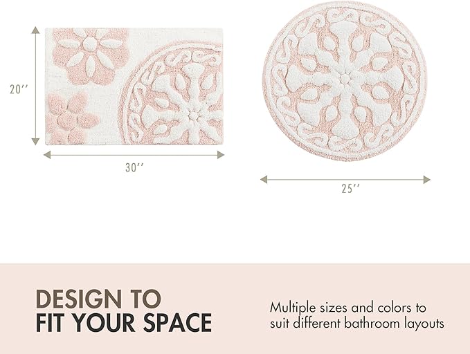 Madison Park Casablanca 100% Cotton Tufted Bathroom Rugs Luxurious Plush Medallion Floral Pattern Bath Mat Absorbent, Quick Dry, Spa Design Shower Room Décor, Round 25", Pink