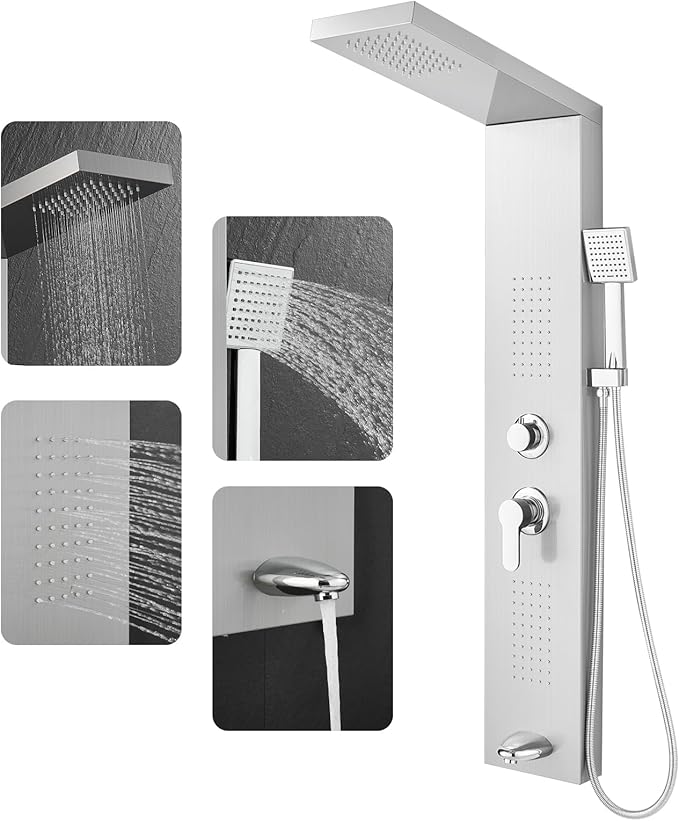 ROVOGO Shower Panel Tower System cUPC Certified, High Pressure Rainfall Shower, Body Jets, Handheld and Tub Spout, 46.5 in. Shower Column Stainless Steel, Brushed