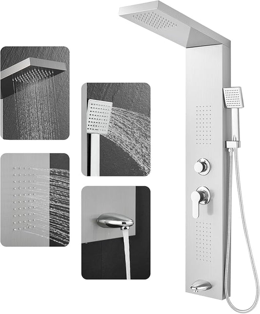 ROVOGO Shower Panel Tower System cUPC Certified, High Pressure Rainfall Shower, Body Jets, Handheld and Tub Spout, 46.5 in. Shower Column Stainless Steel, Brushed
