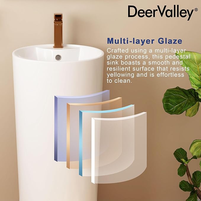 DeerValley Apex 15x15 Inch Circular Pedestal Sink, White Ceramic Bathroom Sink with Overflow, DV-1P527