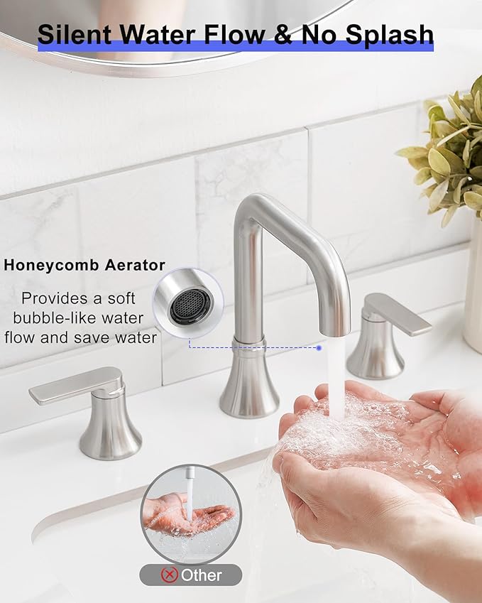 Brushed Nickel 8 Inch Widespread Bathroom Faucet, 360 Degree Swivel Bathroom Sink Faucet 3 Hole, 2 Handles with Pop-Up Drain & Water Hoses for Lavatory Vanity