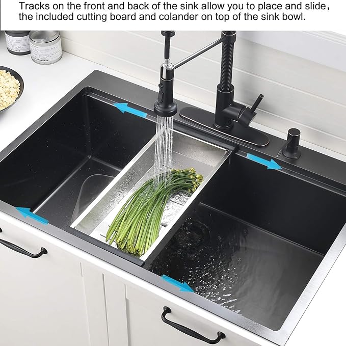 30 Inch Black Drop in Kitchen Sink Workstation -VOKIM 30 x 22 - Inch Drop in sink 16 Gage Stainless Steel TopMount sink Single Bowl 10'' Deep Kitchen Sink with Cutting Board