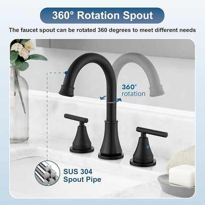 Widespread Bathroom Faucet 3 Hole, 8 inch Bathroom Sink Faucet with Pop-up Drain and Supply Lines, Two Handles, Stainless Steel, Matte Black
