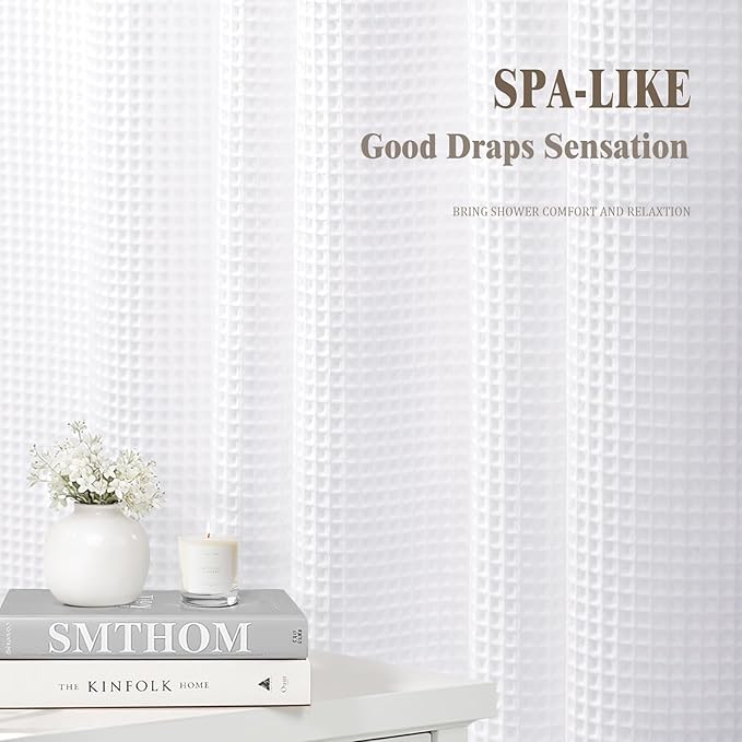Extra Long Waffle Shower Curtain - White Cotton Texture Fabric Heavyweight Shower Curtains for Bathroom,72Wx90L
