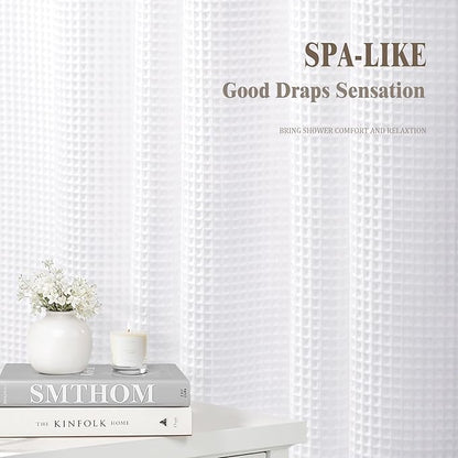 Extra Long Waffle Shower Curtain - White Cotton Texture Fabric Heavyweight Shower Curtains for Bathroom,72Wx90L
