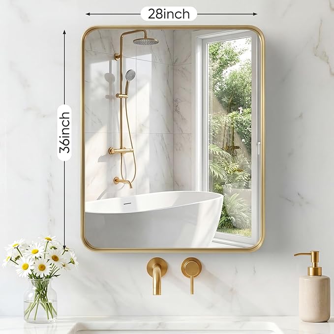 Sweetcrispy Bathroom Mirror 36x28 Inch, Vanity Mirror for Wall | Metal Framed Rounded Rectangle, Over Sink, Farmhouse, Restroom, Anti-Rust, Horizontal or Vertical Hanging, Gold