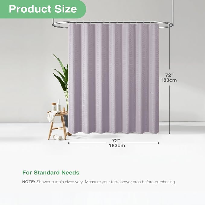 Waffle Shower Curtain 256 GSM Heavy Duty Fabric 72"x72" Lavender | Thick Textured Cloth, Weighted Hem, Water Repellent Washable, Hotel Luxury Polyester Shower Curtain Set for Bathroom 12 Hooks