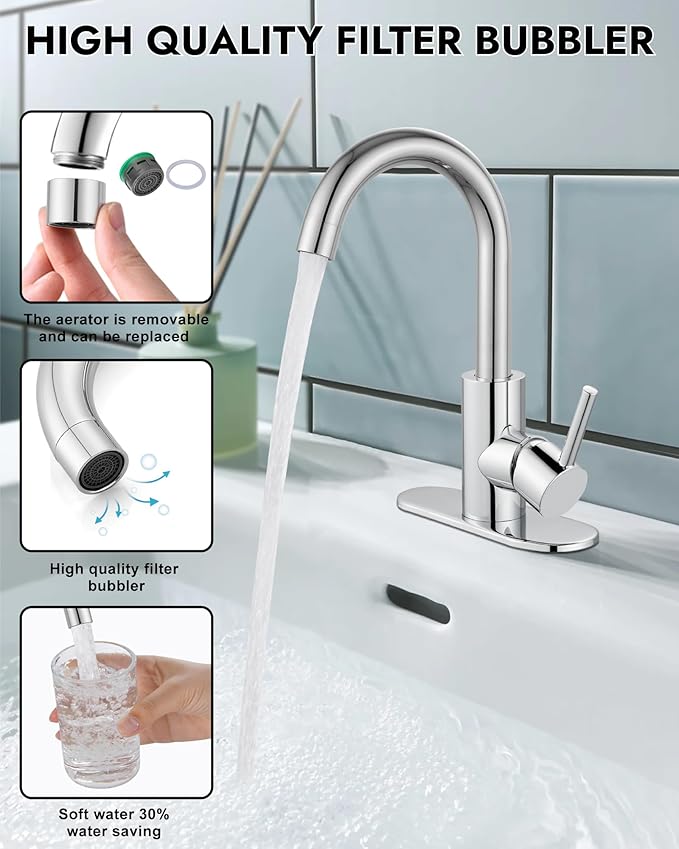 Midanya Single Hole Bathroom Faucet 1 Hole Bar Sink Faucet Suitable for Kitchen RV Vanity,304 Stainless Steel 360° Swivel Spout with Deck Plate and Pop-up Drain,Polish Chrome