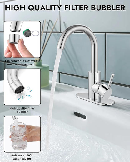 Midanya Single Hole Bathroom Faucet 1 Hole Bar Sink Faucet Suitable for Kitchen RV Vanity,304 Stainless Steel 360° Swivel Spout with Deck Plate and Pop-up Drain,Polish Chrome