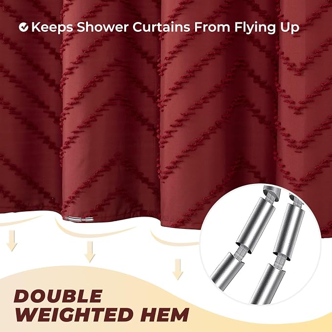 84inches Extra Long Burgundy Shower Curtain Boho Farmhouse Shower Curtain 72 x 84 Tufted Chevron Textured Minimalist Shower Curtains for Bathroom