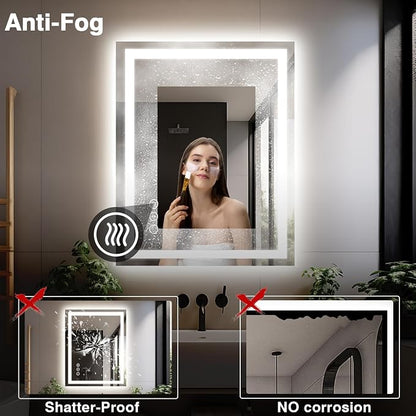 EchosLife 28"x36" LED Bathroom Mirrors for Wall | Backlit + Front Lit, Anti-Fog, Stepless Dimmable, 3 Colors, Memory, Tempered Glass, UL Listed, Horizontal/Vertical
