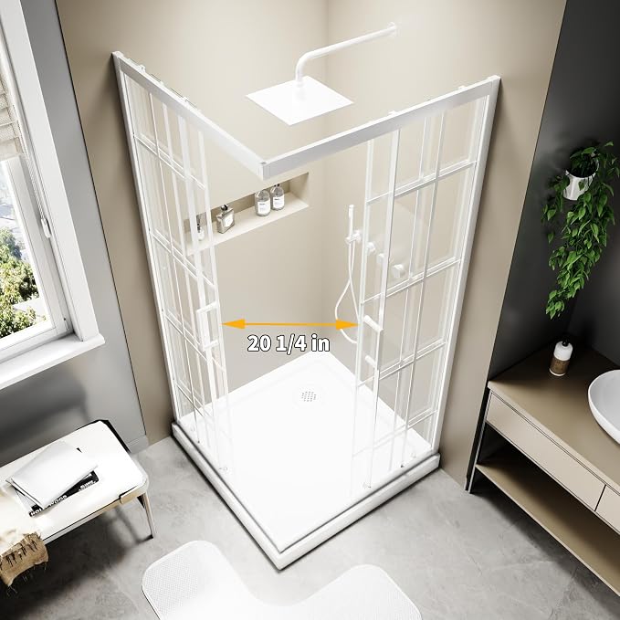 36x36x71 White Shower Enclosure, 1/4"(6mm) SGCC Clear Grid Tempered Glass | Double Sliding Corner Shower Door, Stainless Steel Handle&Tracks, Easy to Assemble, Base No Included