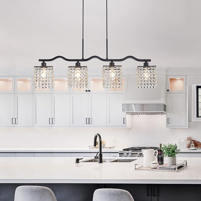 WUZUPS Crystal Chandelier 4-Light Linear Raindrop Pendant Ceiling Light Modern Lighting Fixture for Bedroom Dinning Room Bar Kitchen Island, H8.7'' W4.7'' L30.5, E12 Base, Black