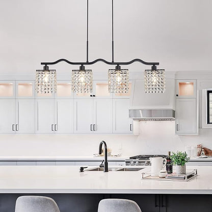 WUZUPS Crystal Chandelier 4-Light Linear Raindrop Pendant Ceiling Light Modern Lighting Fixture for Bedroom Dinning Room Bar Kitchen Island, H8.7'' W4.7'' L30.5, E12 Base, Black
