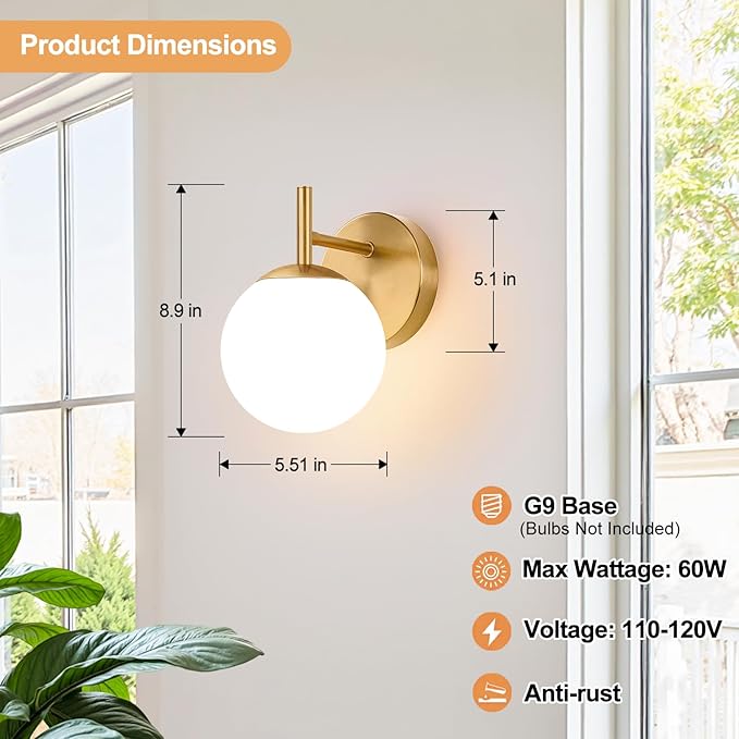 Set of Two Gold Wall Sconces, 2-Pack Brushed Gold Bathroom Light Fixtures with Milky White Globe Glass, Modern Sconces Wall Decor Set of 2 Wall Light for Hallway Bathroom Mirror (Bulb not included)