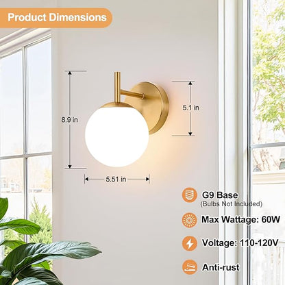 Set of Two Gold Wall Sconces, 2-Pack Brushed Gold Bathroom Light Fixtures with Milky White Globe Glass, Modern Sconces Wall Decor Set of 2 Wall Light for Hallway Bathroom Mirror (Bulb not included)