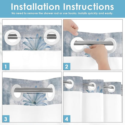 No Hook Shower Curtain with Snap in Liner 71x74 Inch Daisy Blue | Farmhouse Butterfly Wooden Modern Double Layers Waterproof Fabric with See Through Top Window Open Grommet Bath Curtain