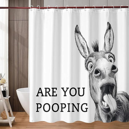 Funny Donkey Shower Curtain Rustic Farmhouse Shower Curtains for Bathroom Black and White Fun Cute Animal Wildlife are You Pooping Waterproof Fabric Bath Curtain Decor 72 X 72 Inch