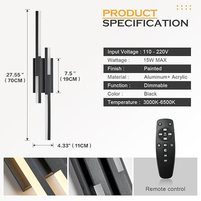 Modern LED Wall Sconce Black Remote Wall Light Fixtures for Bathroom, Dimmable Vanity Light Indoor LED Remote Wall Sconce for Bedside Bedroom Living Dining Room (27.6inch 3000-6500K 1 Pack)