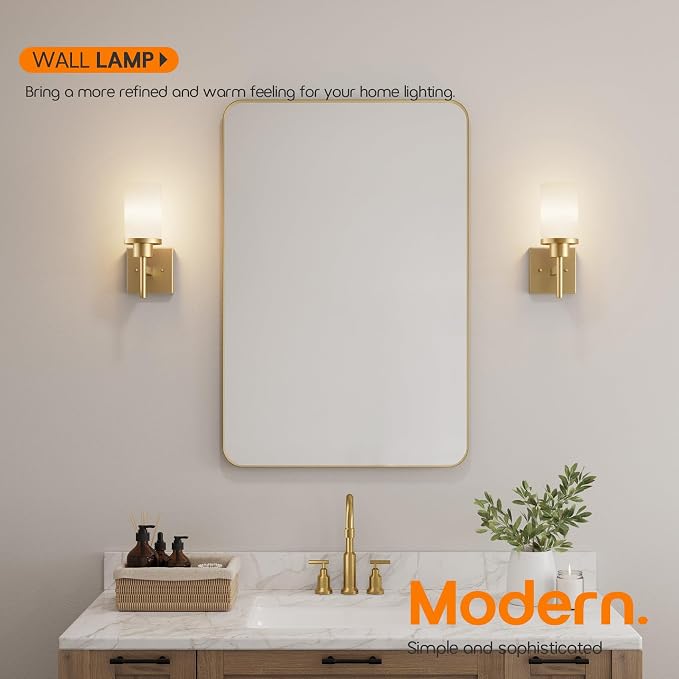 Vanity Lighting Fixtures with White Frosted Glass Shade, Modern Gold Wall Lamps for Bathroom Mirror Bedroom Living Room Porch, 2 Pack T001GD-L1-P2