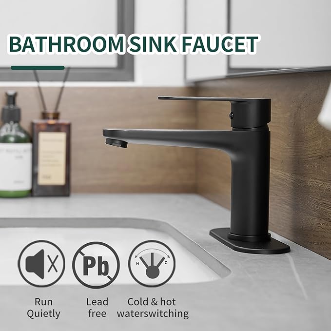 Black Bathroom Faucet Single Hole Single Handle 304 Stainless Steel Modern Sink Commercial RV Faucet with Pop-Up Waste for 1 or 3 Hole 4 Inch Vanity Bathroom Sinks