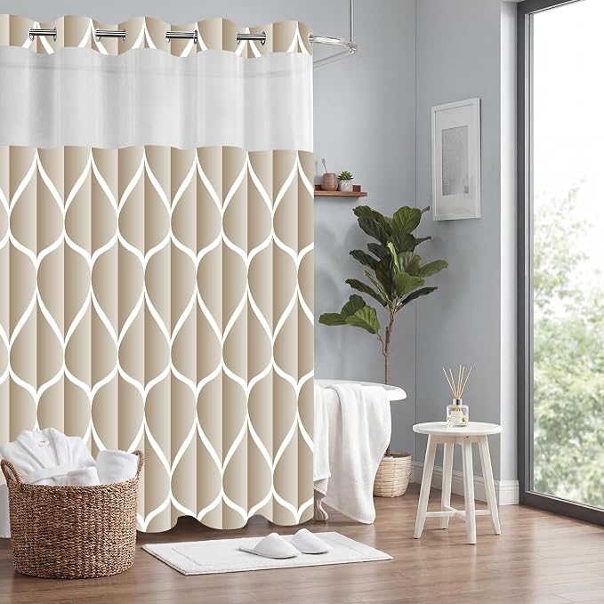 Gelbchu Cream No Hook Shower Curtain with Snap-in Liner, 71 x 74 Inch | Built-In Hooks, Mesh Top Window, Water-Repellent, Machine Washable, Quick Drying, Premium Polyester, Hotel Style, Modern