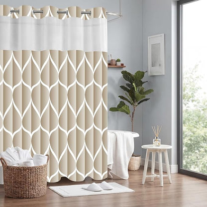 Gelbchu Cream No Hook Shower Curtain with Snap-in Liner, 71 x 74 Inch | Built-In Hooks, Mesh Top Window, Water-Repellent, Machine Washable, Quick Drying, Premium Polyester, Hotel Style, Modern