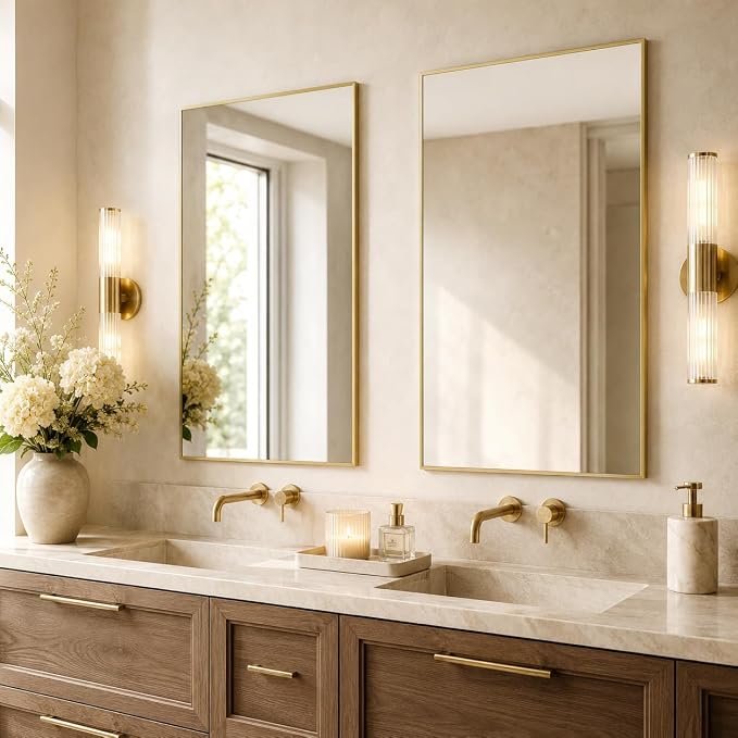 2-Pack 24"x36" Satin Gold Framed Bathroom Vanity Wall Mirrors | Taller Vanity Pair, Balanced Twin-Sink Look, Matching Finish Across Rooms, Vertical/Horizontal Hanging, Tempered Glass