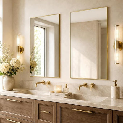 2-Pack 24"x36" Satin Gold Framed Bathroom Vanity Wall Mirrors | Taller Vanity Pair, Balanced Twin-Sink Look, Matching Finish Across Rooms, Vertical/Horizontal Hanging, Tempered Glass