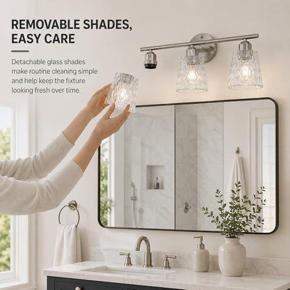 Brushed Nickel Bathroom Light Fixture, 3-Light Modern Vanity Light Over Mirror with Textured Glass Shades, Stainless Steel Construction, E26 Sockets (Bulbs Not Included)