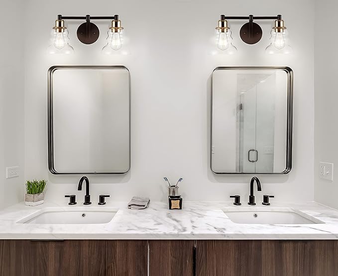 JONATHAN Y 18.5" Brass Gold/Oil Rubbed Bronze Modern Industrial Rustic 2-Light LED Vanity Light with Clear Glass Shade, Vintage Wall Sconce for Bathroom Kitchen Hallway, LED Bulb Included (JYL3545A)