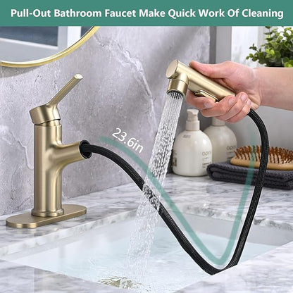 Bathroom Sink Faucet with Pull Out Sprayer, Single Handle Modern Bathroom Basin Faucet with Pop-up Sink Drain Stopper & Deck Plate 1 or 4-inch Centerset 3 Hole, Gold