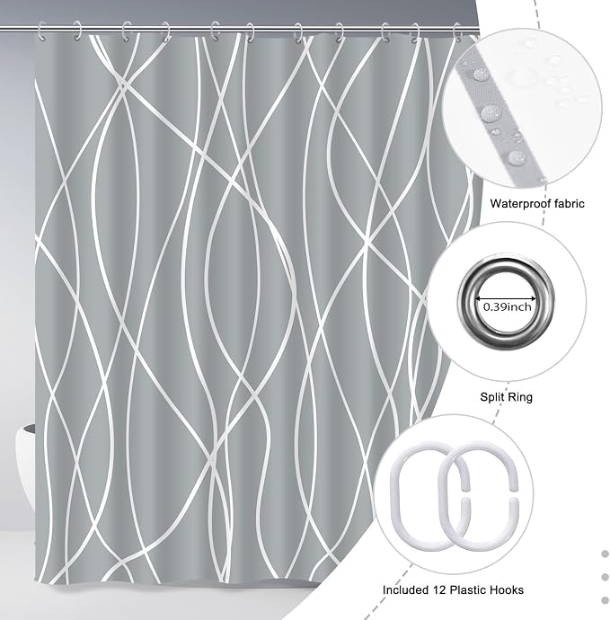 Striped Shower Curtain for Bathroom, Light Grey White, 72"W x 72"L | with Hooks, Modern Hotel Style, Water Repellent, Washable, Weighted Hem
