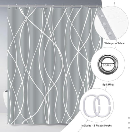 Striped Shower Curtain for Bathroom, Light Grey White, 72"W x 72"L | with Hooks, Modern Hotel Style, Water Repellent, Washable, Weighted Hem