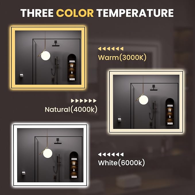 LOAAO 48"X40" LED Bathroom Mirror Black Framed | Anti-Fog, Dimmable, Memory Function, Tempered Glass, Lighted Vanity Mirror for Wall