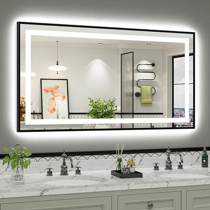 55x30 Inch LED Bathroom Mirror with Black Frame, Backlit & Front Lit, Anti-Fog Lighted Bathroom Vanity Mirror for Wall, Memory Function, Dimmable, HD Tempered Glass, Shatter-Proof