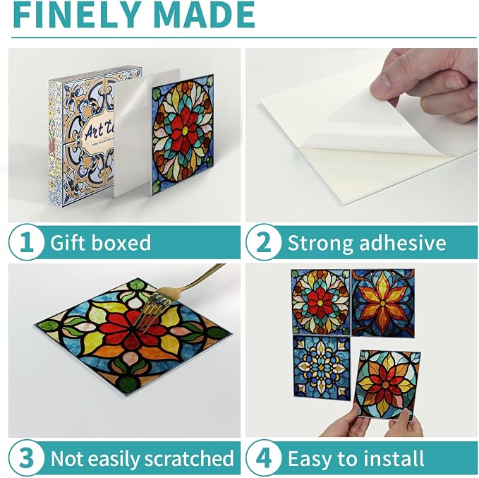 Easy Peel Stick wall Tile Stickers 6x6in Stick on backsplash Tiles,12Pcs | removable 3D tile for kitchen RV bathroom laundry backsplash decor,Ultra-high-definition printed Stained Glass pattern