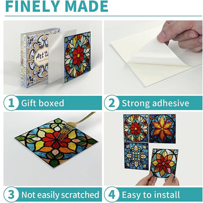 Easy Peel Stick wall Tile Stickers 6x6in Stick on backsplash Tiles,12Pcs | removable 3D tile for kitchen RV bathroom laundry backsplash decor,Ultra-high-definition printed Stained Glass pattern