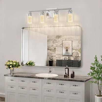 4-Light Brushed Nickel Bathroom Vanity Light with 3 Color Modes (3000K/4000K/6000K), Dimmable Modern Wall Light Over Mirror with Clear Glass Shade