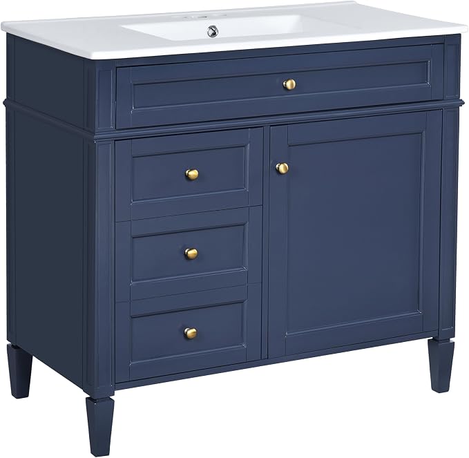 Merax 36 Inch Bathroom Vanity with Top Sink, Modern Bathroom Storage Cabinet with 2 Drawers and a Tip-Out Drawer, Solid Wood Frame Single Sink Bath Vanities, Blue