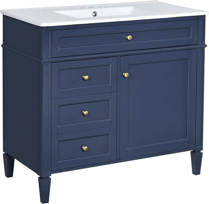 Merax 36 Inch Bathroom Vanity with Top Sink, Modern Bathroom Storage Cabinet with 2 Drawers and a Tip-Out Drawer, Solid Wood Frame Single Sink Bath Vanities, Blue