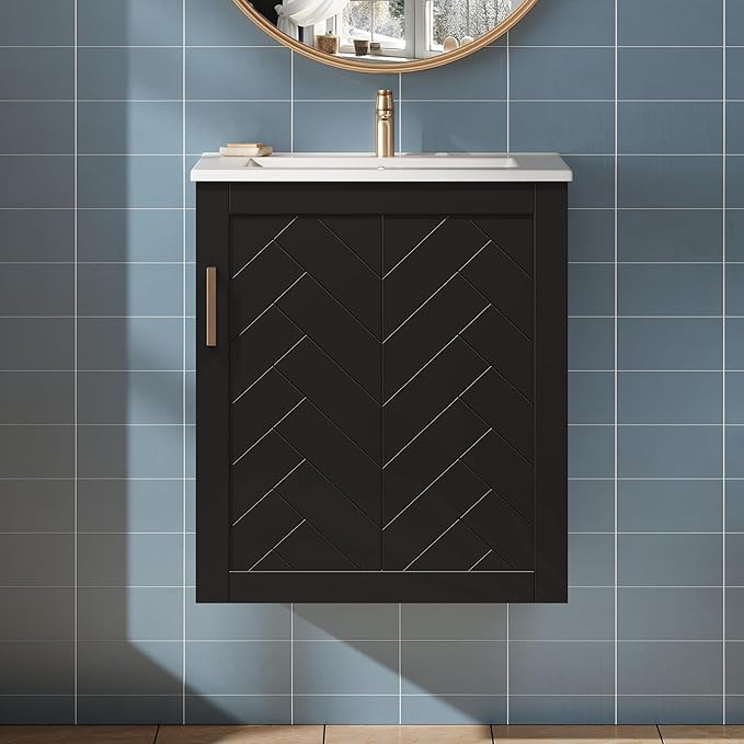 Merax Herringbone Single Sink Bathroom Vanity, Floating 20" Modern Bathroom Vanity Cabinet with Side Storage, Toilet Paper Holder, Solid Wood Cleat Wall Mount